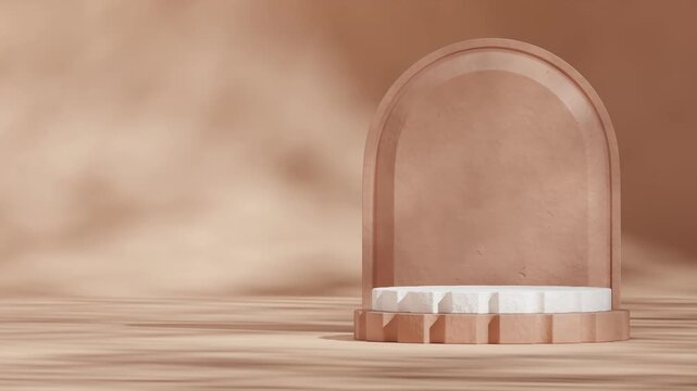 seamless shadow animation looping with textured curved wall, 3d video render blank mockup of white and brown podium
