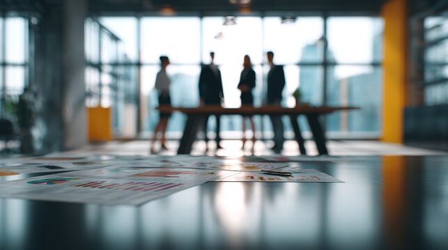Blurred Business Meeting: A blurred image of professionals engaged in a meeting, with focus on documents, suggesting strategic planning and collaboration in a modern office.