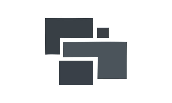 Modern abstract geometric logo with dark grey overlapping rectangular shapes. Design symbolizes structure, connection, and modularity for technology and business branding