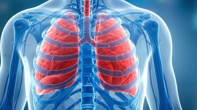 Human lung anatomy visualization showing respiratory system structure, suitable for medical education, healthcare presentation, research, and biology.