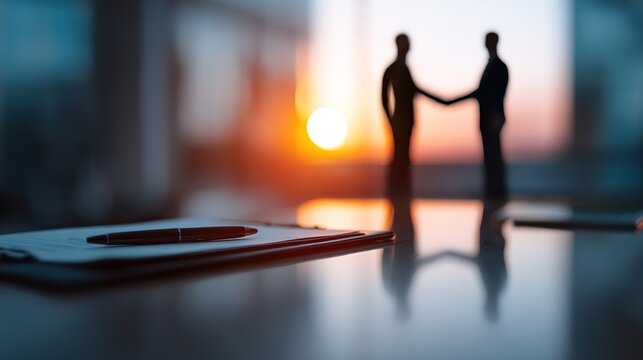 Business Deal Silhouette: In a sun-drenched boardroom, two figures seal a business agreement with a firm handshake, a pen and contract in focus in the foreground, against a warm sunset. 