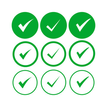 Check Mark Icon Set, Approved Tick Symbol Collection, Green Checkbox UI Icons in Solid and Outline Style