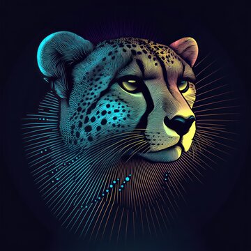 Digital art of a cheetah head with radiating lines and vivid neon lighting on a dark background