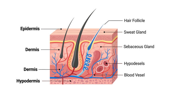Detailed Diagram of Human Skin Layers and Associated Structures.