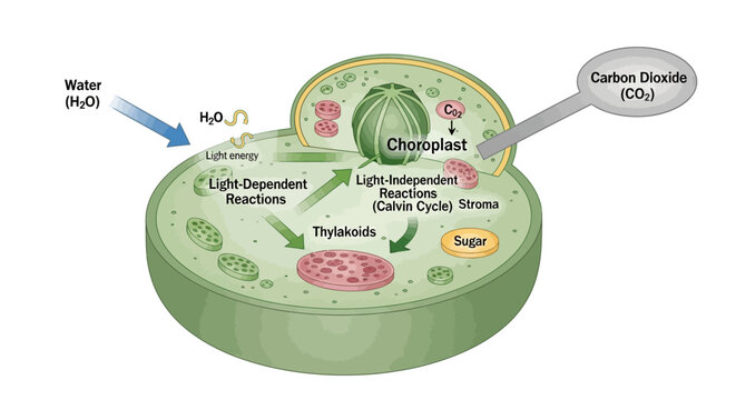 Detailed Diagram of Photosynthesis Process within a Chloroplast.