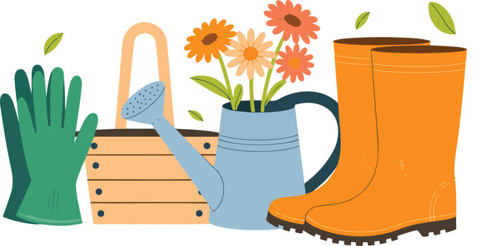 Minimal gardening tools illustration with rake watering can flowers and rain boot flat vector design on white background