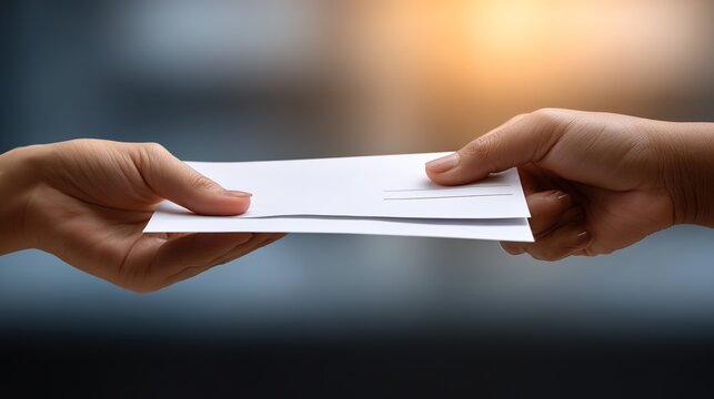 Formal Exchange: A close-up shot of two individuals, hands meeting to transfer an official envelope.