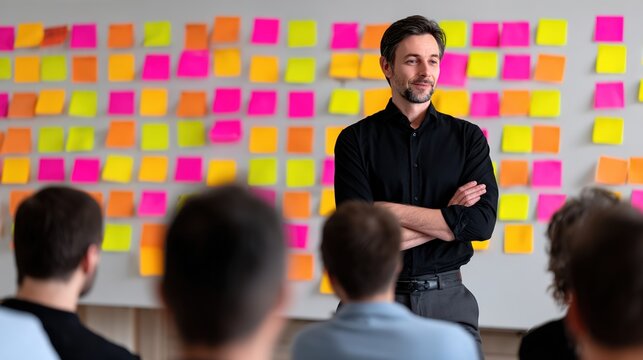 The Guiding Vision: A poised leader, arms crossed, stands before a collaborative wall of vibrant sticky notes, guiding a meeting. A scene that embodies thoughtful guidance and active participation.