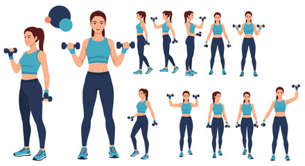 Fototapeta premium Fitness woman performing various dumbbell exercises shown in a series of poses for a full body workout routine.