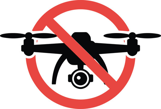 No drone zone sign vector illustration with a black quadcopter silhouette behind a red prohibition circle warning symbol