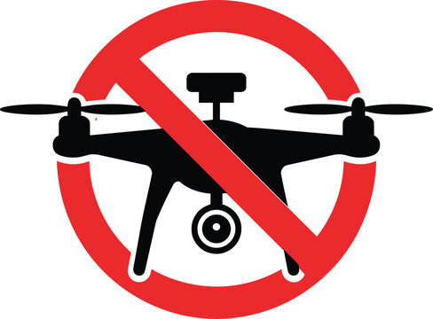 No drone zone sign vector illustration with a black quadcopter silhouette behind a red prohibition circle warning symbol