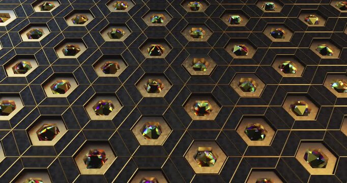 Luxurious hexagonal grid with embedded gemstones creates a high end geometric abstract surface.
