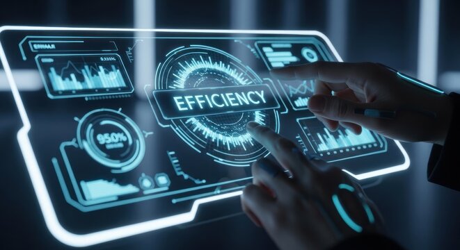 Person interacting with futuristic digital interface for efficiency metrics, for high performance, operational optimization, corporate success, advanced technological growth