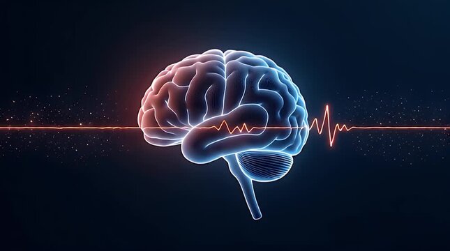 A human brain combined with digital circuit patterns and a heartbeat pulse line passing through it, symbolizing mental health, balance, and technology impact
