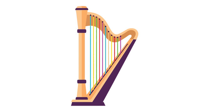 A classical wooden harp musical instrument with colorful strings isolated on a white background.