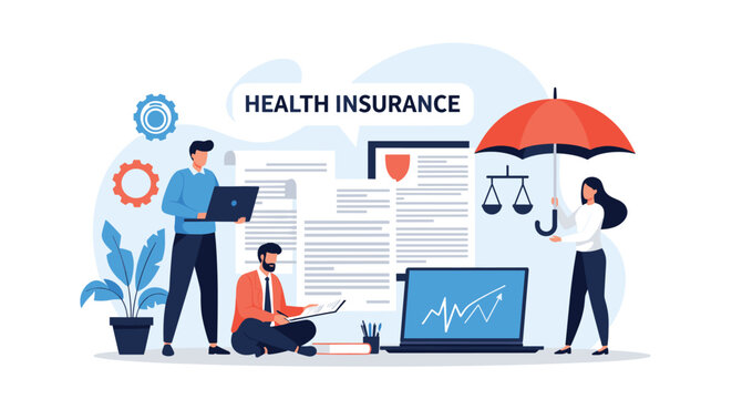 Health insurance professionals manage various policies and protect clients interests under a symbolic safety umbrella.