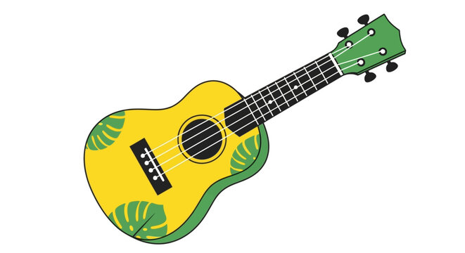 A vibrant yellow ukulele with green tropical leaf patterns on a white background.