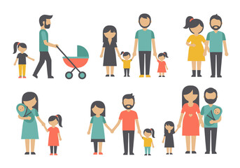 Fototapeta premium Collection of flat vector family icons and characters featuring parents with children, babies in strollers, pregnant women, and diverse household units.
