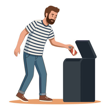 Man throwing trash into a large recycling bin outdoors quickly