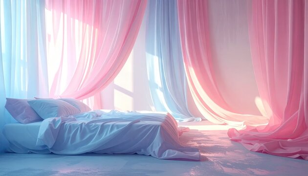Serene Bedroom with Soft Pink Curtains and White Bedding.