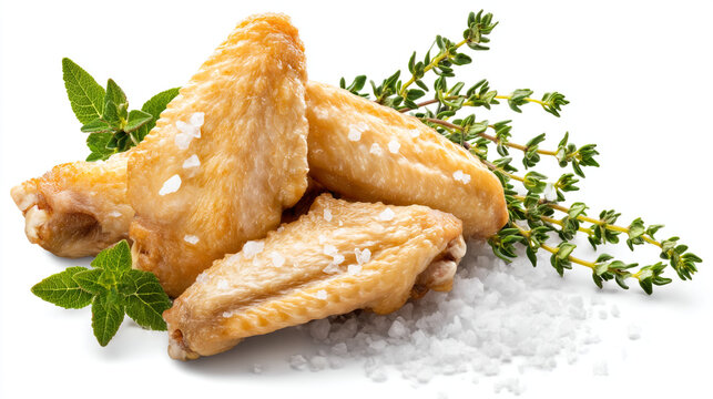 Three crispy fried chicken wings with sea salt flakes and fresh herbs on white background