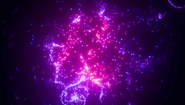 Vibrant purple and pink lights form a network on a dark background with glowing nodes.