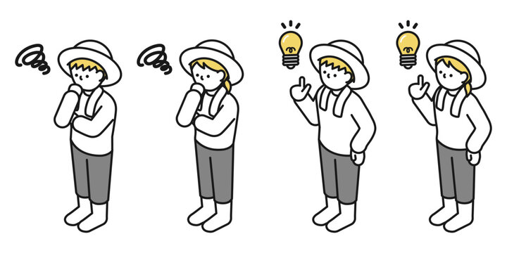 アイソメトリックイラスト:アイデアを思いつく男女 考える男女(農家)