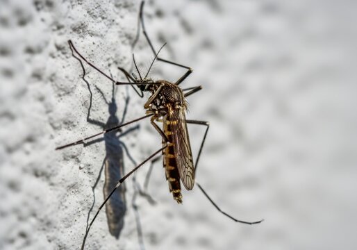 Close-up of mosquito on frosty plant in winter snow background