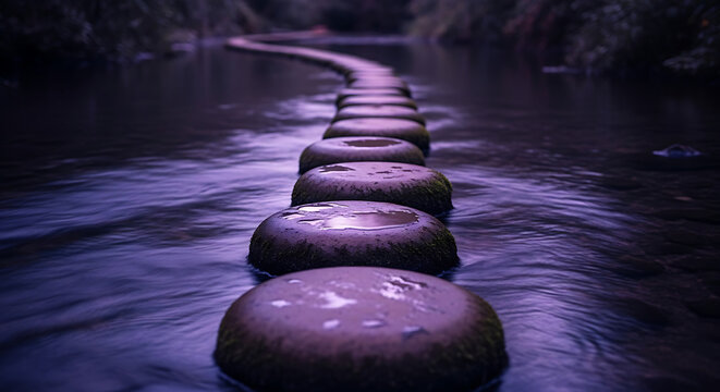 Stepping stones create a path across a flowing body of water at twilight