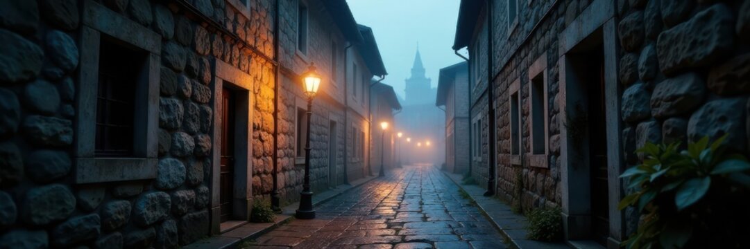 Ancient Bergamo alley shrouded in evening mist, stone buildings loom , architecture, old town, autumn