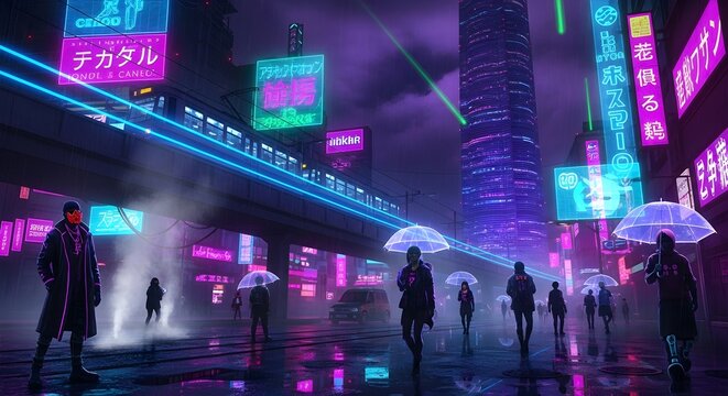Neon cityscape with people walking under umbrellas on rainy night