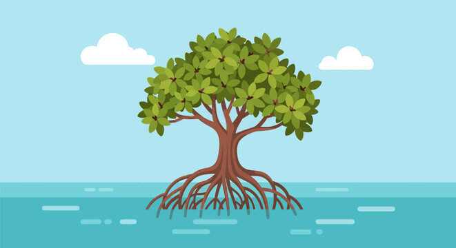 A single stylized mangrove tree with visible tangled roots growing in water.