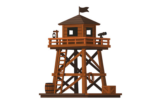 Cartoon Wooden Watchtower with Ladder Telescope and Flag Illustration