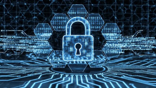 A glowing blue padlock rests atop a complex circuit board pattern, symbolizing digital security.