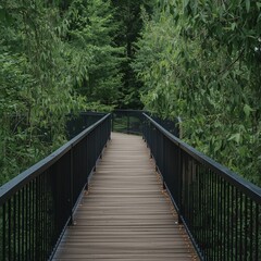 Obraz premium Curved Wooden Walkway Through Lush Green Forest Canopy