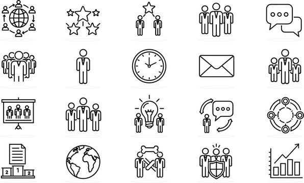 Business Management and Human Resources Line Icon Set Featuring Team Collaboration Leadership Success Rankings Global Communication Strategic Planning and Corporate Productivity Vector Illustration