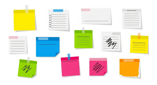 Collection of colorful sticky notes with writing and lists.