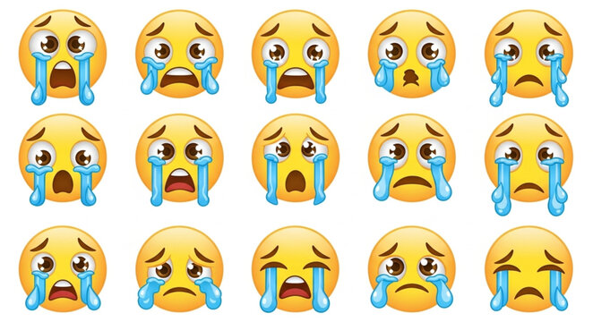 Collection of Crying Emoticons Sad Faces Expressing Grief and Sorrow.