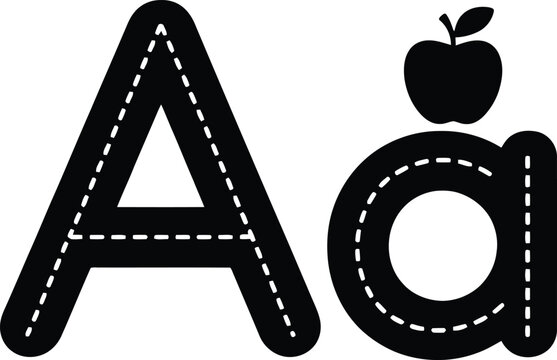 Letter A handwriting tracking worksheet with apple silhouette vector template