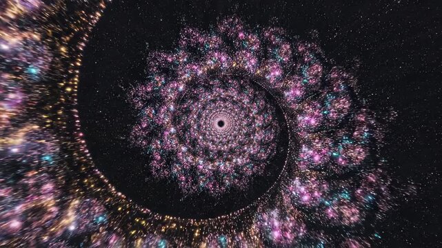 Abstract fractal spiral made of glowing particles and stars expanding in deep space, colorful galaxy pattern with dynamic motion, concept of infinity and cosmic energy