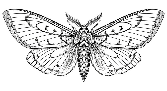 Detailed illustration of a moth with spread wings showcasing its intricate patterns and body structure
