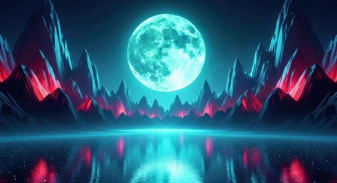 Stunning Landscape with a Radiant Blue Moon Hovering Over Jagged Red Mountains and Water Reflections