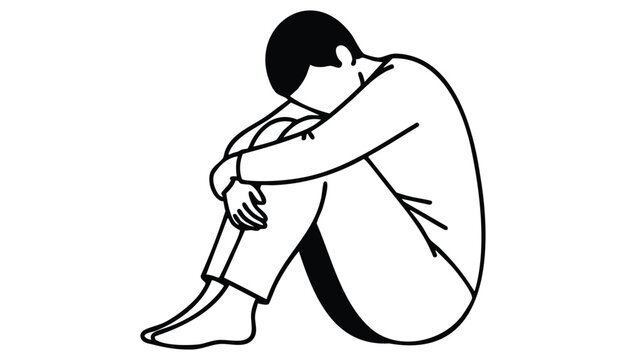 An illustration of a woman hugging her knees, withdrawn and overwhelmed by a harsh reality.