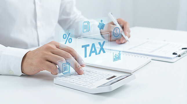 Accountant Analyzing Taxes, Percentage and Holographic Icons