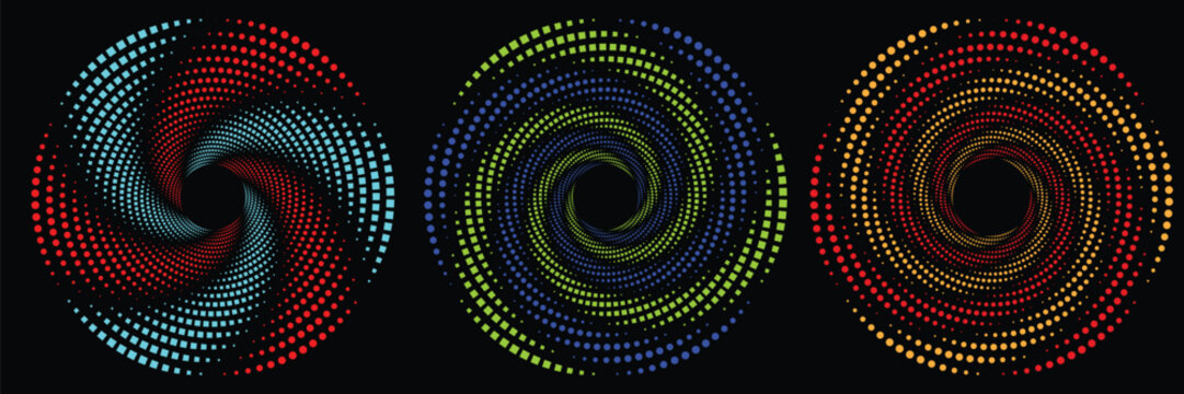 Abstract halftone spiral vector set, colorful dotted swirl patterns on black background, geometric circular vortex elements for modern graphic design