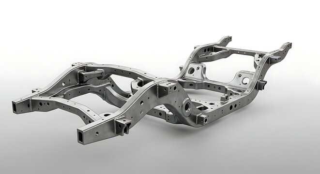 Metal frame structure assembly showcases industrial vehicle chassis components