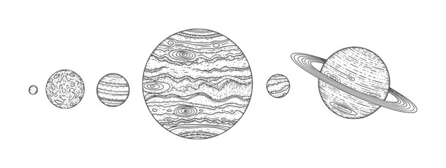 Hand drawn planets and celestial bodies in style space astronomy vintage © Ali