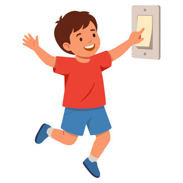 A cheerful boy jumps up excitedly turning a light switch on.