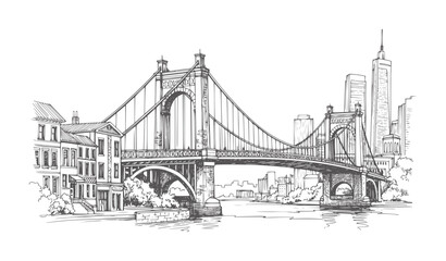 Obraz premium Ink of a suspension bridge connecting city buildings across water