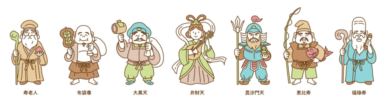 かわいい七福神の線画ベクターイラストセット